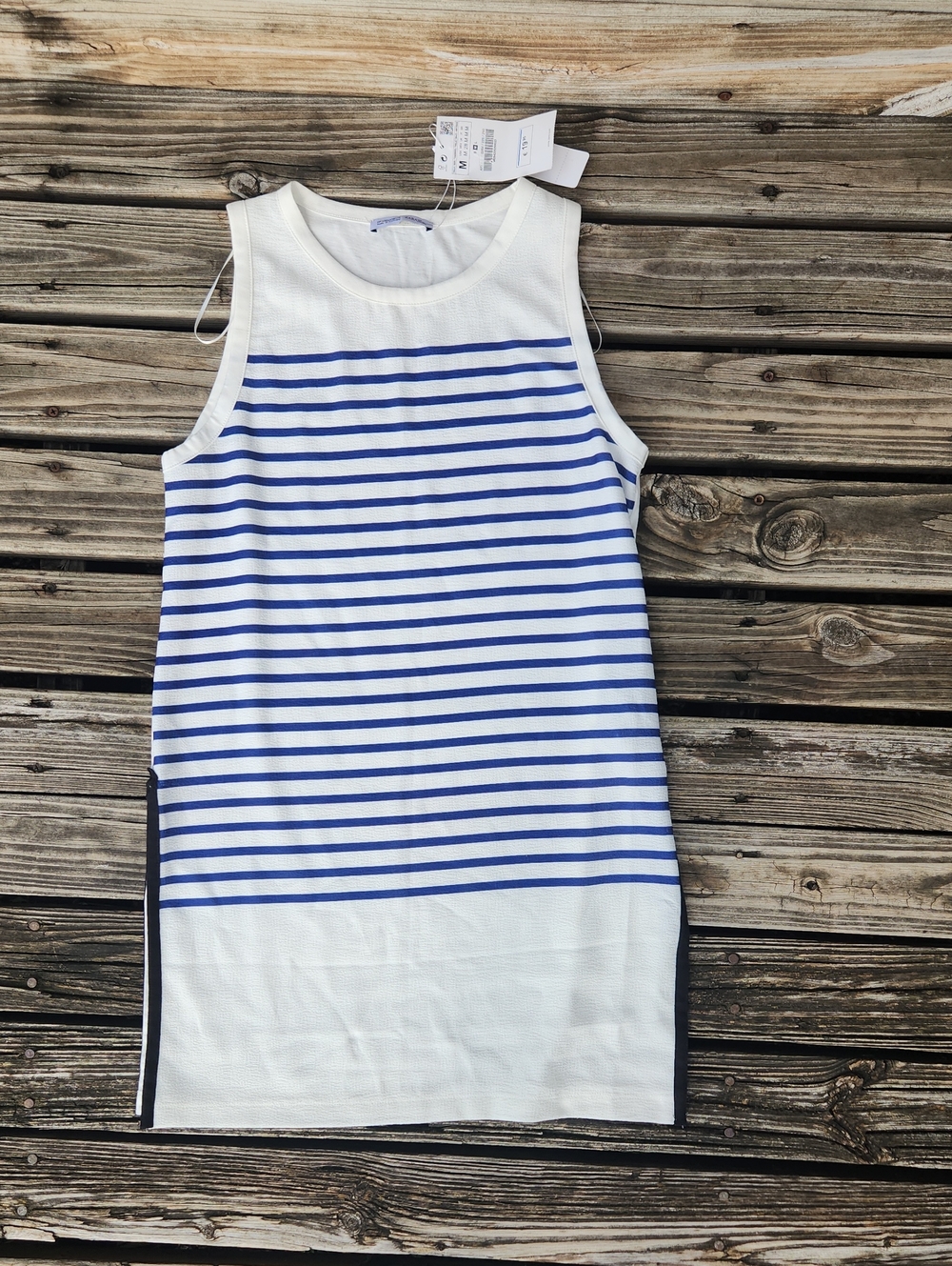 NWT Zara Tunic Tank Medium White Blue Stripes Business Casual Modest Long